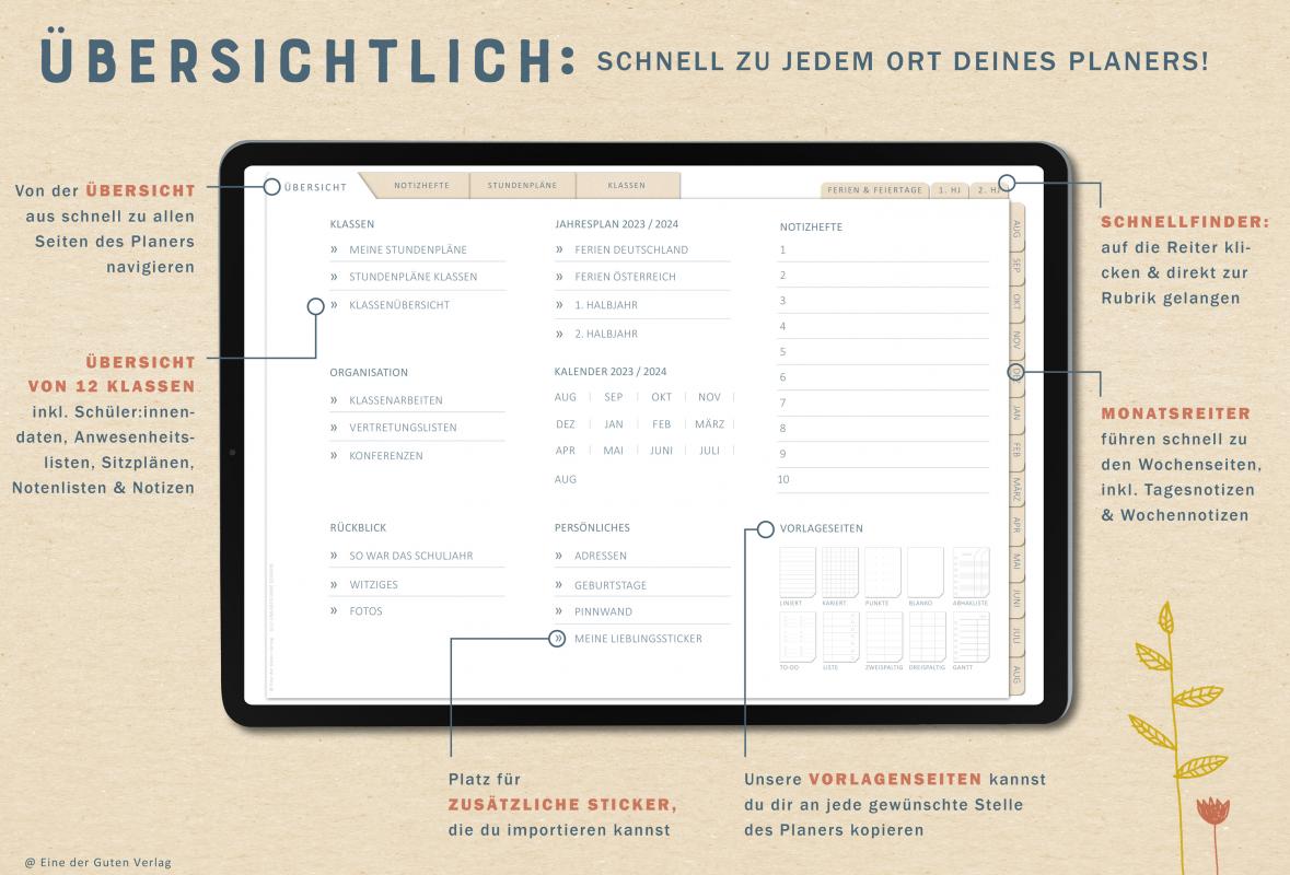 Digitaler Terminkalender 2023 2024 für Lehrerinnen & Lehrer für die Unterrichtsplanung, interaktives pdf